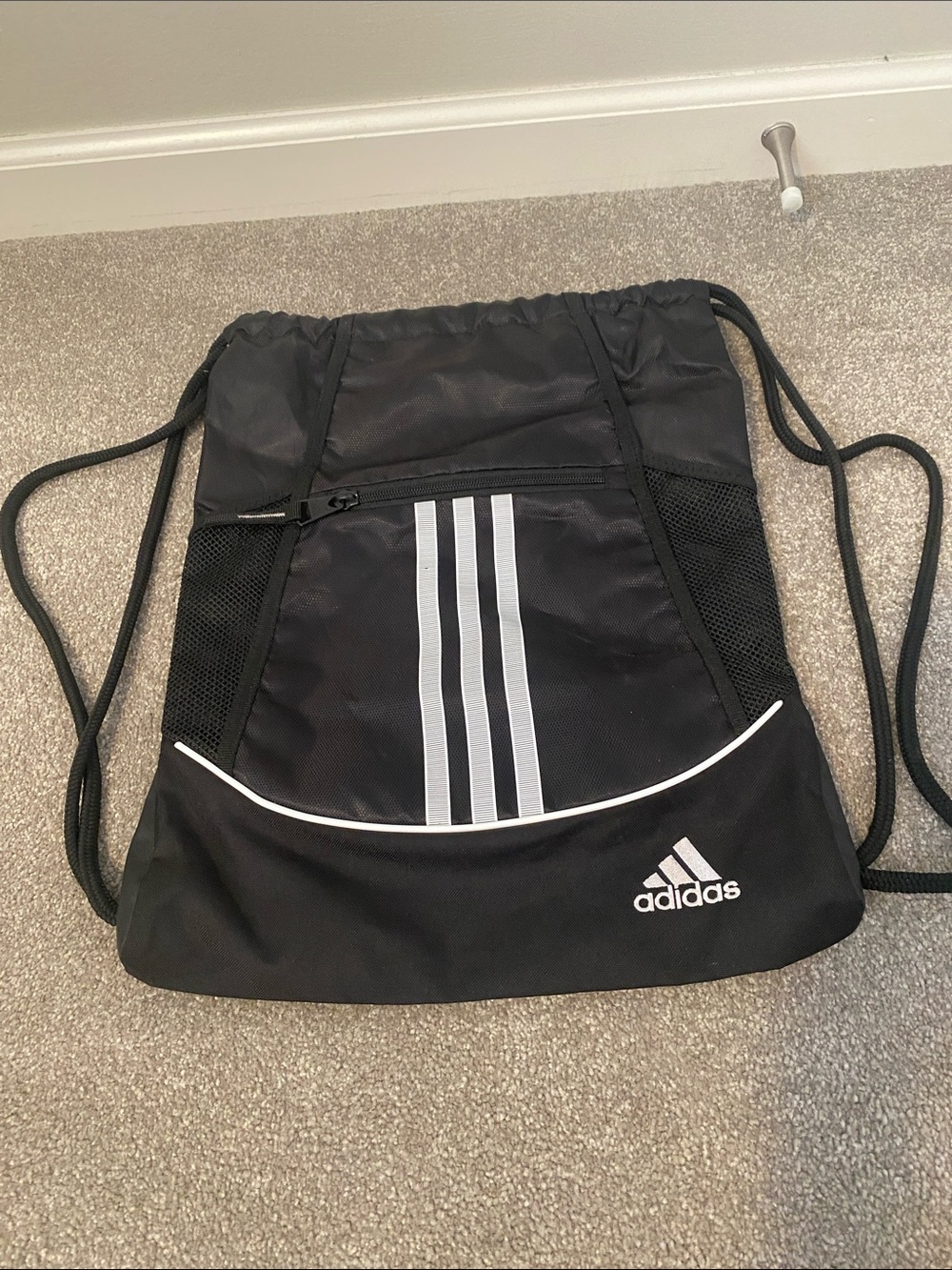 adidas Black Drawstring Backpack with White Stripe Accents